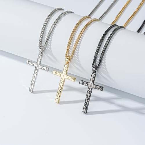 Cross Necklace for Men Boys - Hammered Cross Pendant with Cuban Chain Unique Crucifix Necklaces Christmas Christian Religious Jewelry Gifts 22+2 Inches - color: Gold