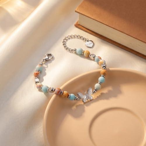 Bracelet for Women Natural Stone Beaded, Stainless Steel Charms, Adjustable - color: 4-Butterfly