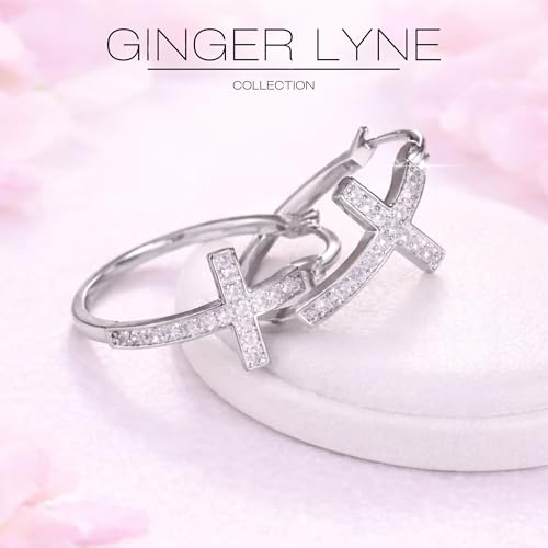 Cross Hoop Earrings for Women by Ginger Lyne – 20 or 30mm 14KT Gold Plated with Clear Cubic Zirconia – Jesus Religious Christian Jewelry for Church or All Occasion Wear - color: Silver Tone-30mm