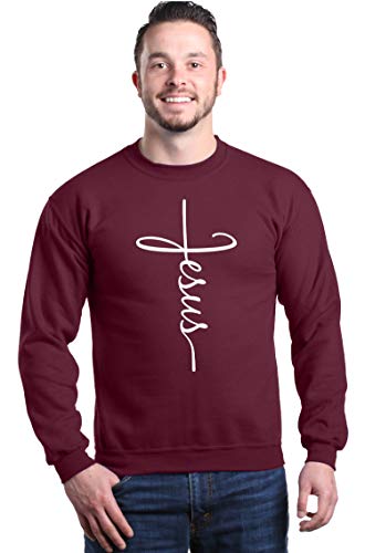 shop4ever Jesus Cross Script Crewneck Sweatshirts - color: Maroon, size: Large