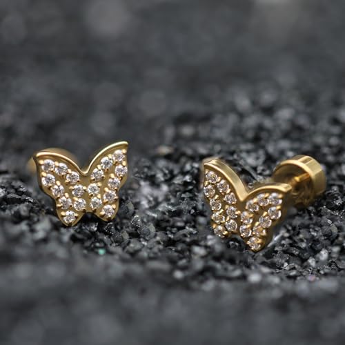 XUU 20G Flat Back Stud Earrings ASTM F136 Titanium & Sparkling CZ - color: gold butterfly
