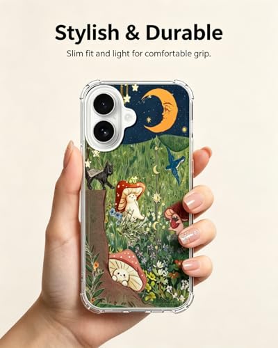Cottagecore Mushroom Cat Moon Case Compatible with iPhone 17, Hippie Fairy Aesthetic Phone Cover for iPhone 17 - color: Fairy Mushroom