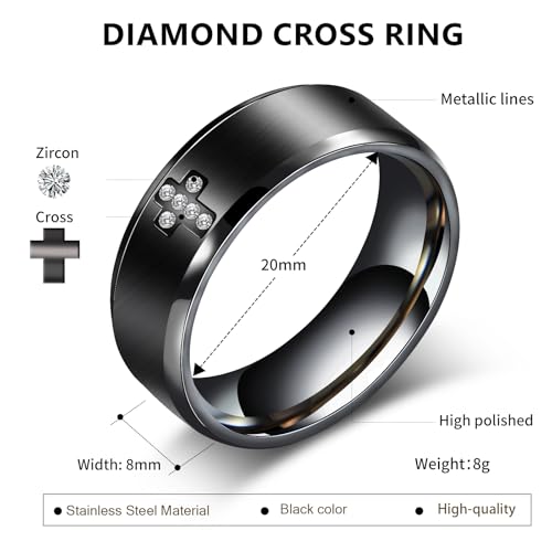 Mens Wedding Band Ring - 8mm Stainless Steel Engagement Promise Rings for Men Women, Cross Classic Ring with Cubic Zirconia for Men Jewelry Gift Ring Size 6 7 8 9 10 11 - color: Black