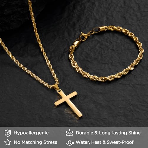 NORBU Stainless Steel Cross Necklace and Bracelet Set for Men, Cuban Link - color: Gold Rope