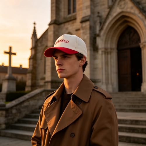 Embroidered Christian Two-Tone Baseball Cap for Men & Women, Adjustable Dad Hat Christmas Easter Gift - color: Blessed, Red/Beige