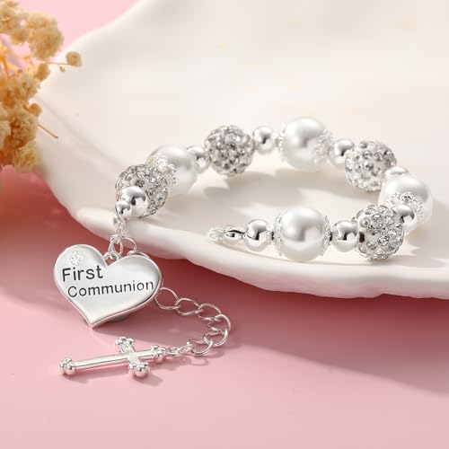 First Communion Confirmation Baptism Cross Bracelet for Girls, Catholic Jewelry Gifts for Kids Daughter Goddaughter Granddaughter 6+2 Inches - style: First Communion