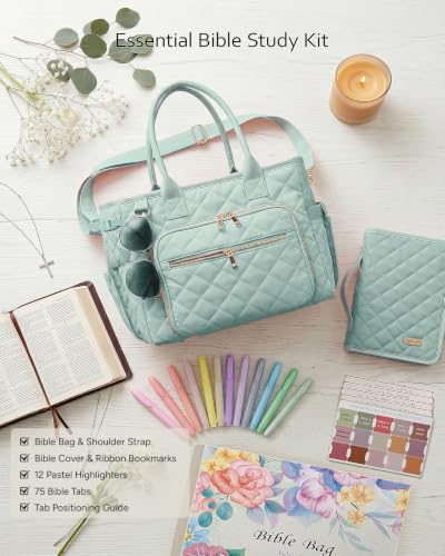 Large Bible Bag with Bible Cover Case for Women, Quilted Bible Tote Bag - color: Sage Green