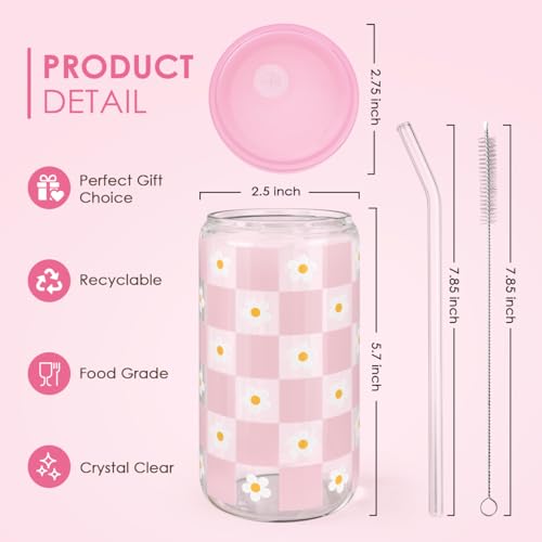 SANDJEST Checkerboard Daisies Glass Can, Floral Checker Cup with Lid & Straw, Iced Coffee Aesthetic Cups, Gift for Christmas Birthday Mother Day, Gifts for Women, 16oz - color: Checker Daisy