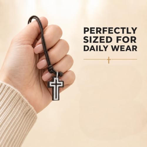 Open Cross with Leather Back on Double 16" Cord Vintage Look Necklace (Brown)