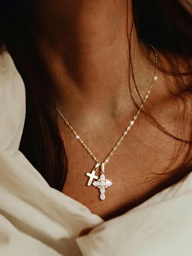 Moissanite Double Cross Necklace, Women Moissanite Diamond Cross Pendant - color: 14K Gold Vermeil(Iced+Polished)