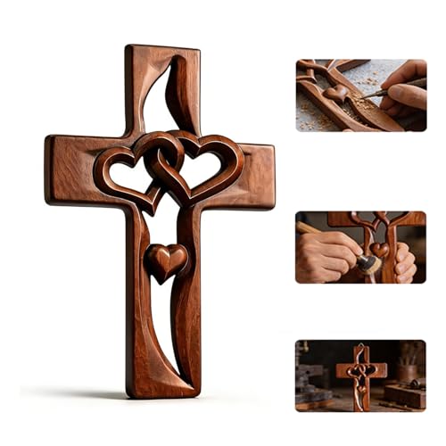 Hand-Carved Intertwined Hearts 9.84 inches Wooden Wall Cross for Wall Sacred, Mothers Day Gifts for Mom ,Handmade Hanging Cross Heart-Shaped Decoration Marriage Wedding Valentine Wood Decorative Gift