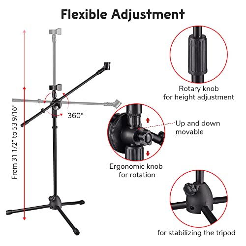 AW 4pcs Boom Mic Stand Floor Adjustable Height Mic Tripod Stand Dual Mic - color: Black-2 Mic Clips, size: 4 pcs