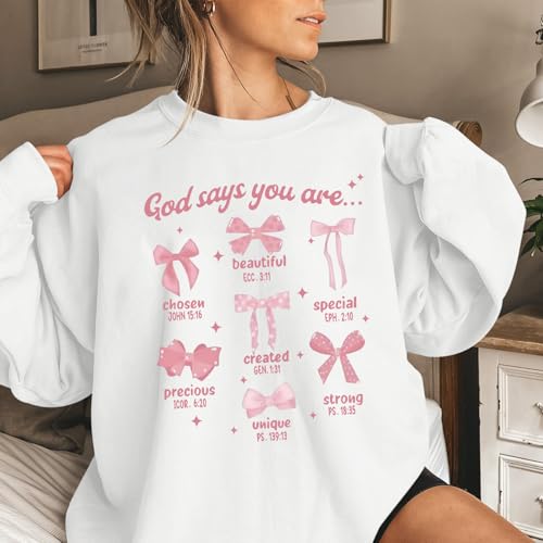 Christian Bow Sweatshirt for Women God Jesus Bible Verse Sweatshirts Cute Bow Graphic Coquette Long Sleeve Shirts - color: White, size: XX-Large