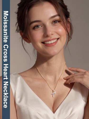 Moissanite Double Cross Necklace, Women Moissanite Diamond Cross Pendant - color: 14k Gold Vermeil Cross+Heart