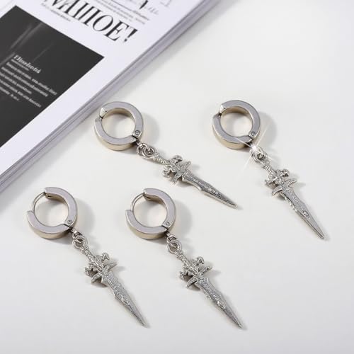 Unisex Punk Hip Hop Stainless Steel Silver Black Gold Tone Lock Thunder Lightning Bolt Dangle Huggie Hoop Earrings Gift for Women Men Boy Teens - color: Silver-Cross Sword