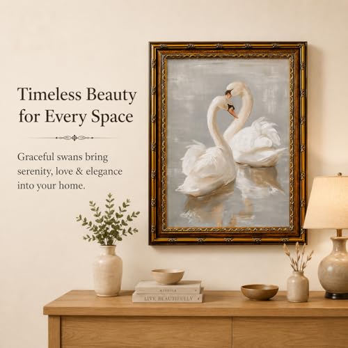 Vintage Gold Framed Graceful Swan Canvas Wall Art, Retro Antique Swan Painting, Classical Bird Nature Print for Living Room, Bedroom, French Country Romantic Home Decor, 16x24 Inch - color: swan, size: 24"L x 16"W