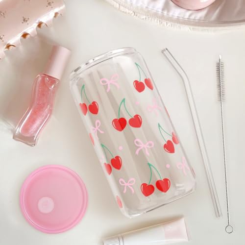 SANDJEST Cherry 16 Oz Can Glass Tumbler with Acrylic Lid and Straw - Iced Coffee Cups for Women, Aesthetic Glass Cup Gift for Birthday Christmas - color: Cherry