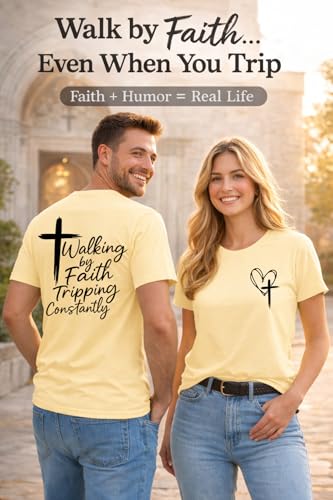Christian Shirts for Men, Faith Tshirts for Women, Walking by Faith Tripping Constantly T-Shirt, Funny Religious Tee - color: Creamy Yellow, size: 3X-Large