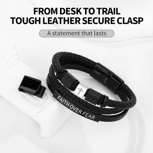 Leather Cross Bracelet for Men, Inspirational Christian Bracelet - color: FAITH OVER FEAR