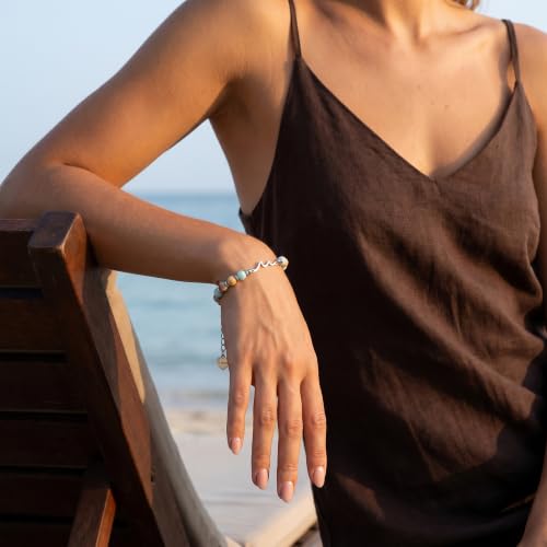 Bracelet for Women Natural Stone Beaded, Stainless Steel Charms, Adjustable - color: 2-Wave