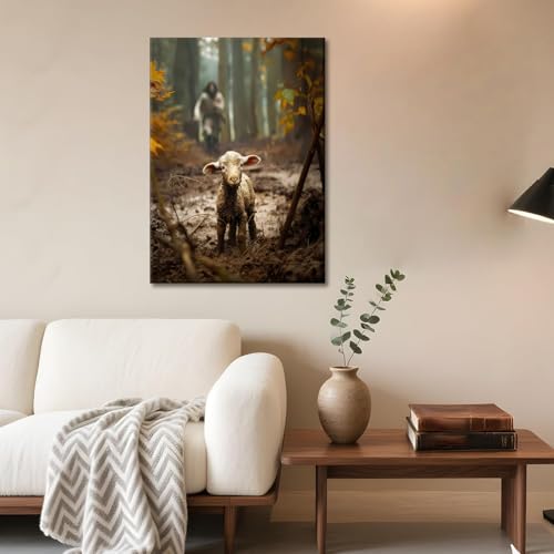 Jesus and Lamb Canvas Wall Art Jesus Running After Lost Lamb Wall Decor Christian Posters Pictures Lamb of God Painting Prints Home Artwork for Living Room Bedroom Church Prayer Room Framed - color: jesus01, size: 36"L x 24"W