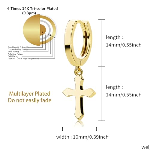 JINAO Cross Hoop Dangle Earrings for Men Women - color: Stainless Steel Gold