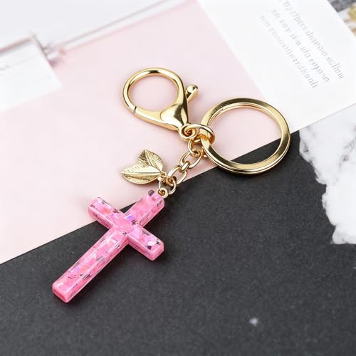 Angyape Cute Christian Cross Keychain for Women Purse Bag Charms Car Key Rings Accessories Flower Design Jesus Faith Gifts - color: M:rose Red