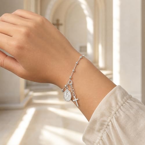 Elegant Silver-Tone Rosary Bracelet for Women, Beautiful Double Layered Catholic Jewelry, Versatile Virgin Mary Coin Hand Accessories Matching Daily Outfits Flawlessly