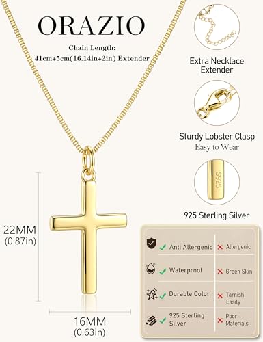 ORAZIO Cross Necklace for Women, Sterling Silver Cross Pendant - color: Gold Plated-Box-Large