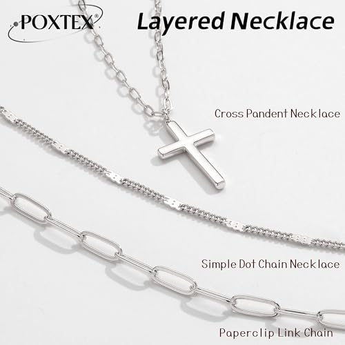 Poxtex Layered Gold Necklaces for Women, Stackable Dainty 14K Gold Silver Plated Trendy Simple Heart Diamond Cross Bow Circle Pendant Paperclip Choker Dot Chain Necklace,Jewelry Set Gifts for Women - color: Silver, style: Cross1