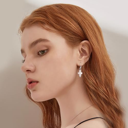 925 Sterling Silver Cross Pearl Dangle Earrings Pearls Drop Jewelry Birthday Gifts for Women - color: Silver