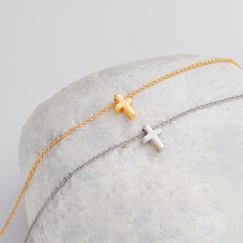 M MOOHAM Cross Necklace for Women Girls, Dainty 14K Gold Plated Cross Pendant Necklace Sideways Cross Choker Layered Necklaces for Women Girls - color: Tiny Cross Silver