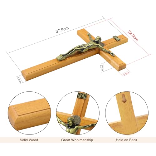 KOMI 15 Inch Large Wooden Crucifix Wall Cross for Home Decor - color: Light Brown-15 Inch