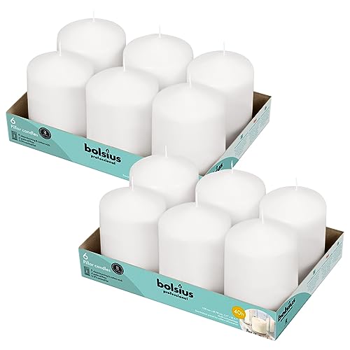 BOLSIUS 12 White Pillar Candles Bulk - 3x4 Inches Candle Set - 40+ Hours Clean Burning - No Palm Oil - 0% Animal Fat - Premium European Quality - Unscented Dripless Home Decor Pillars - size: 3x4 Inches, style: 12 Count