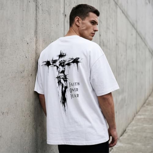 BINTEHGS Christian Faith Over Fear Shirt Jesus Cross T Shirts for Mens Oversized Religious Tshirts God Vintage Graphic Tee - color: White, size: XX-Large