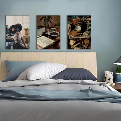 AOYUSMO 3 Piece Black Girl Wall Art African American Wall Decor Black Woman Canvas Art Fashion Music Pictures Dj Studio Paintings Trendy Artwork For Living Room Bedroom - color: Record Girl, size: 12x16in