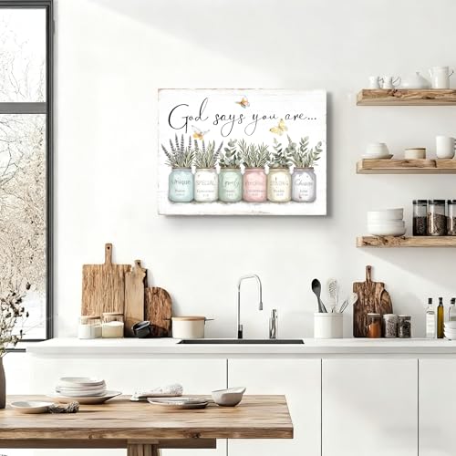 Inspirational Bible Verse Wall Art God Says You Are Sayings Wall Decort Christian Gift Quotes Painting scripture Pictures Print Flowers in Mason Jar Poster for Women Girls Bedroom(16x12 Canvas) - color: green-canvas, size: 16"L x 12"W