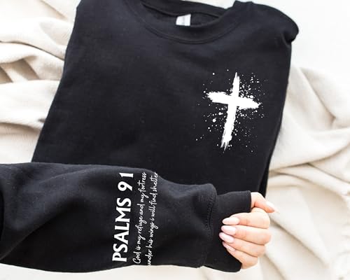 MOUSYA Women Christian Sweatshirt Psalms 91 Sleeve Print Sweatshirt Bible Verse Pullover - color: Black, size: XX-Large