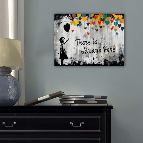 Banksy Wall Art Black and White Wall Decor Colorful Girl Balloons Picture Inspirational Quotes Canvas Prints Painting There is Always Hope Poster Artwork for Bedroom Living Room Home Decoration 12x16” - color: Banksy, size: 16"L x 12"W