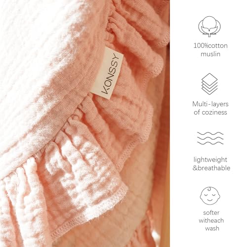 Konssy 100% Cotton Muslin Baby Blanket with Ruffle Trim for Girls, 43"x39" - color: Deer