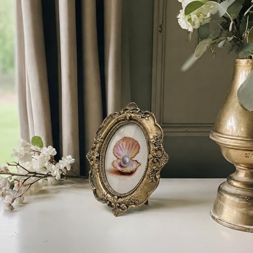 Vintage Seashell Pearl Small Bronze Oval Picture Frame,Pink Shell Summer Mini Ornate Photo Frame Baroque for Wall Art Decor TableTop, Preppy Framed Artwork Gifts for Dorm Bedroom Girls 4x5in - color: pearl