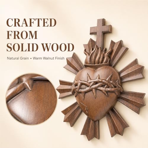 XXLTY Sacred Heart Wall Decor, 3D Carved Solid Wood Sacred Heart of Jesus Wall Sculpture with Cross and Crown of Thorns, Catholic Religious Wall Art for Home, Christian Gift - color: Thorny walnut-colored sacred heart