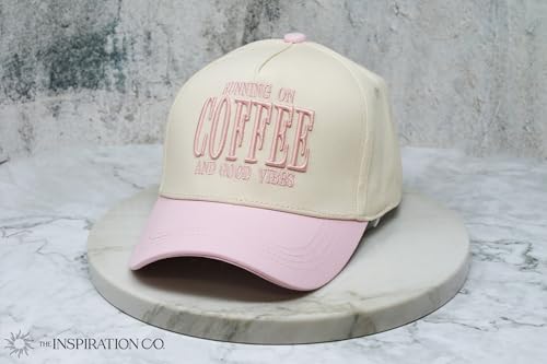 THE INSPIRATION CO. Running on Coffee Embroidered Hat - Trendy Coffee Lover Cap, Adjustable Snapback Baseball Hat - color: Pink