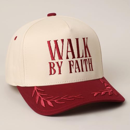 MIRMARU Christian Theme 5 Panel Embroidered Cotton Trucker Hat with Inspirational Faith Sayings for Men and Women - color: Walk By Faith, Burgundy