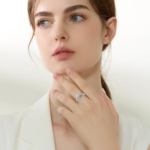 Turquoise/Moss Agate/Moonstone/Black Onyx/Lapis Lazuli/Labradorite/Tiger Eye Feather Ring 925 Sterling Silver Adjustable Ring Western Vintage Jewelry Gifts for Women - color: White-A06