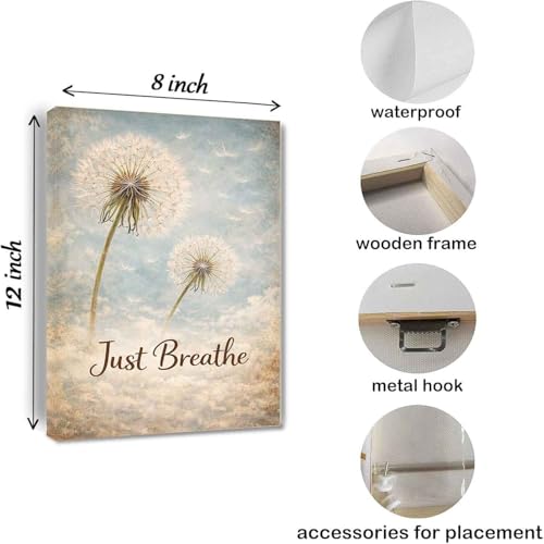 Just Breathe Wall Art Canvas, Vintage Dandelion Poster, Inspirational Quote Print, Farmhouse Rustic Decor for Bedroom Living Room Yoga Room Meditation Room Spa Relaxing Gift Framed 8 * 12 inch - color: Just Breathe, size: 12"L x 8"W