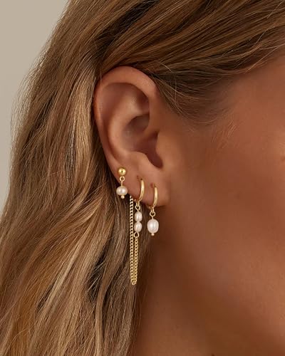 Moodear Gold Earrings for Women, 14K Plated Pearl Earring Stack Jewelry - color: 4pc chain pearl hoop