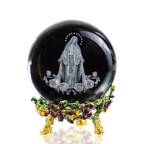 3D Cross Crystal Ball Religious Gift with Stand Christian Decor 2.3in - style: Virgin Mary