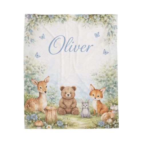 Personalized Woodland Friends Baby Blanket, Custom Name Bear Fox Deer Blanket, Forest Nursery Decor, Baby Boy Girl Gift, Cozy Fleece Throw - color: Forest Blanket #6
