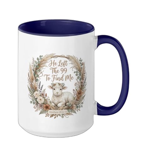 He Left the 99 to Find Me Christian Lamb Bible Verse Matthew Ceramic Mug, Dark Blue/White, 15oz - color: Dark Blue/White, size: 15 Ounces